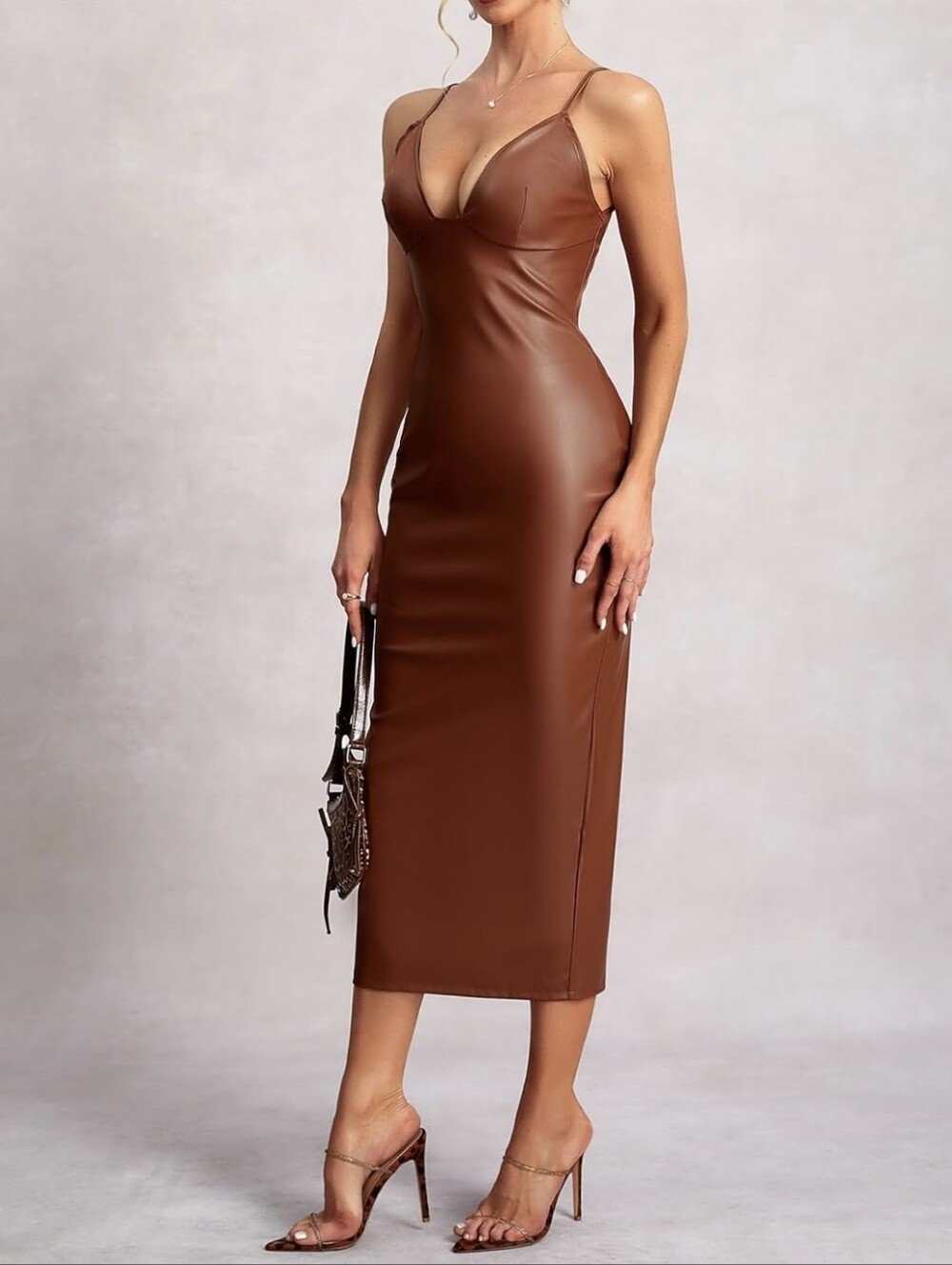 Women's Deep V Neck Leather Dress Sleeveless Tie Backless Split Hem Brown Sz M